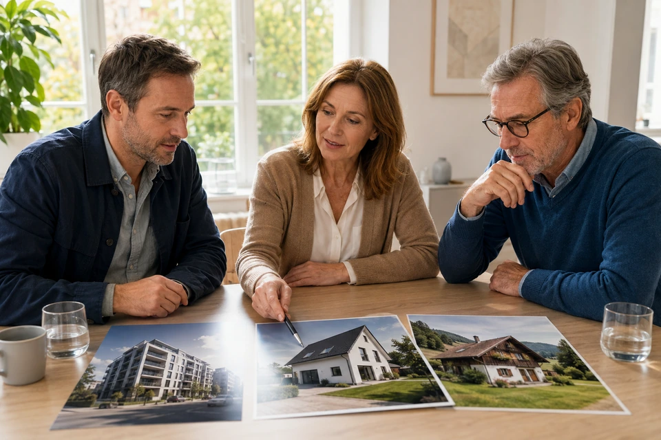 Symbolischer Austausch über Immobilien in Stadt und Land