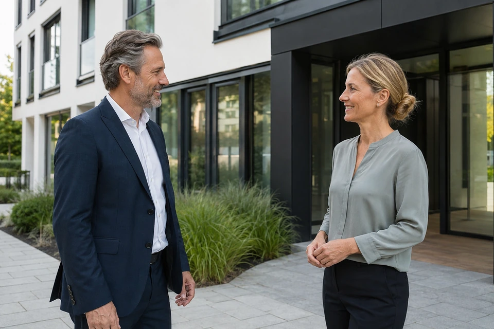 Symbolische Begrüßung vor einem Wohn- und Geschäftshaus